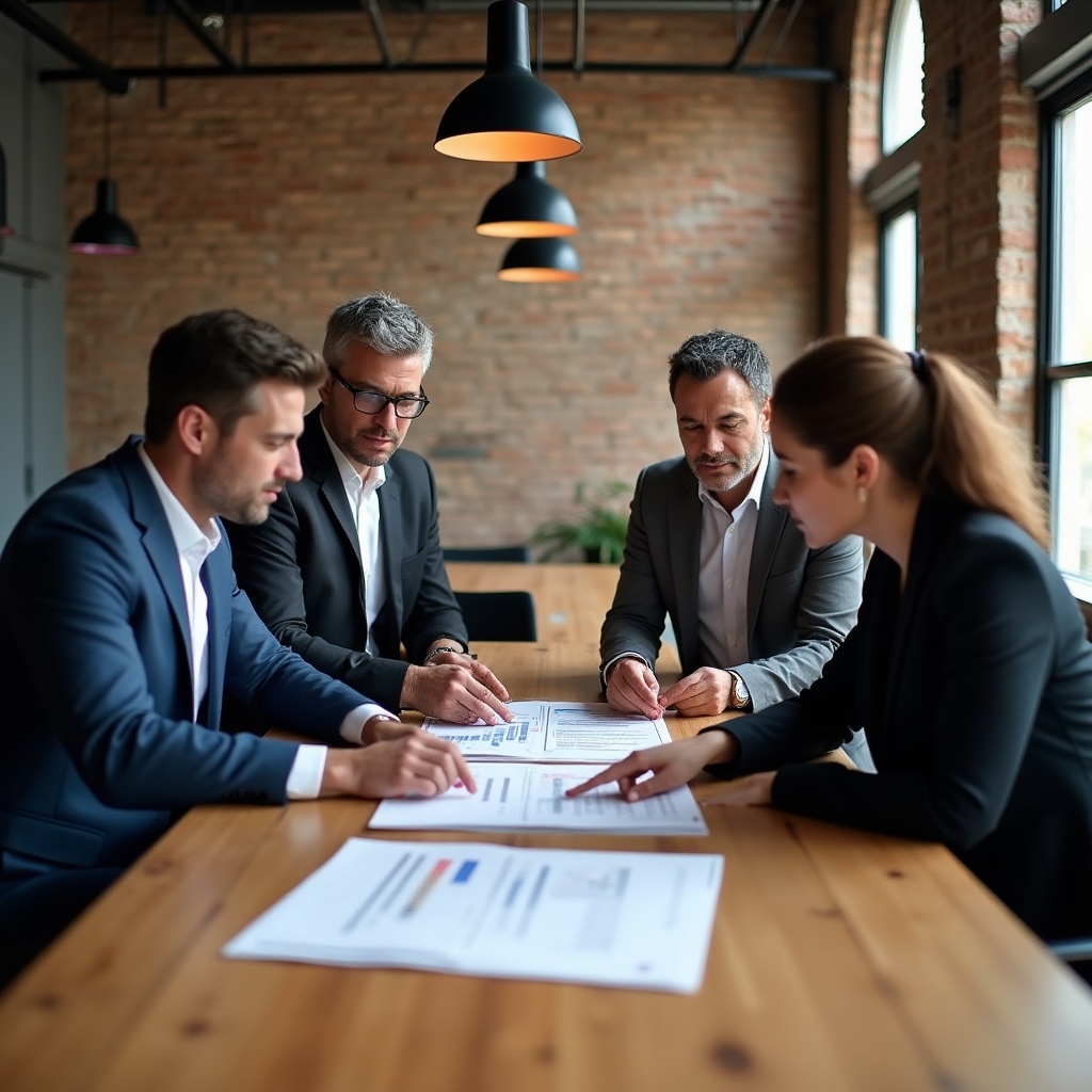 Small team reviewing a printed SEO audit report at a table in an industrial-style office